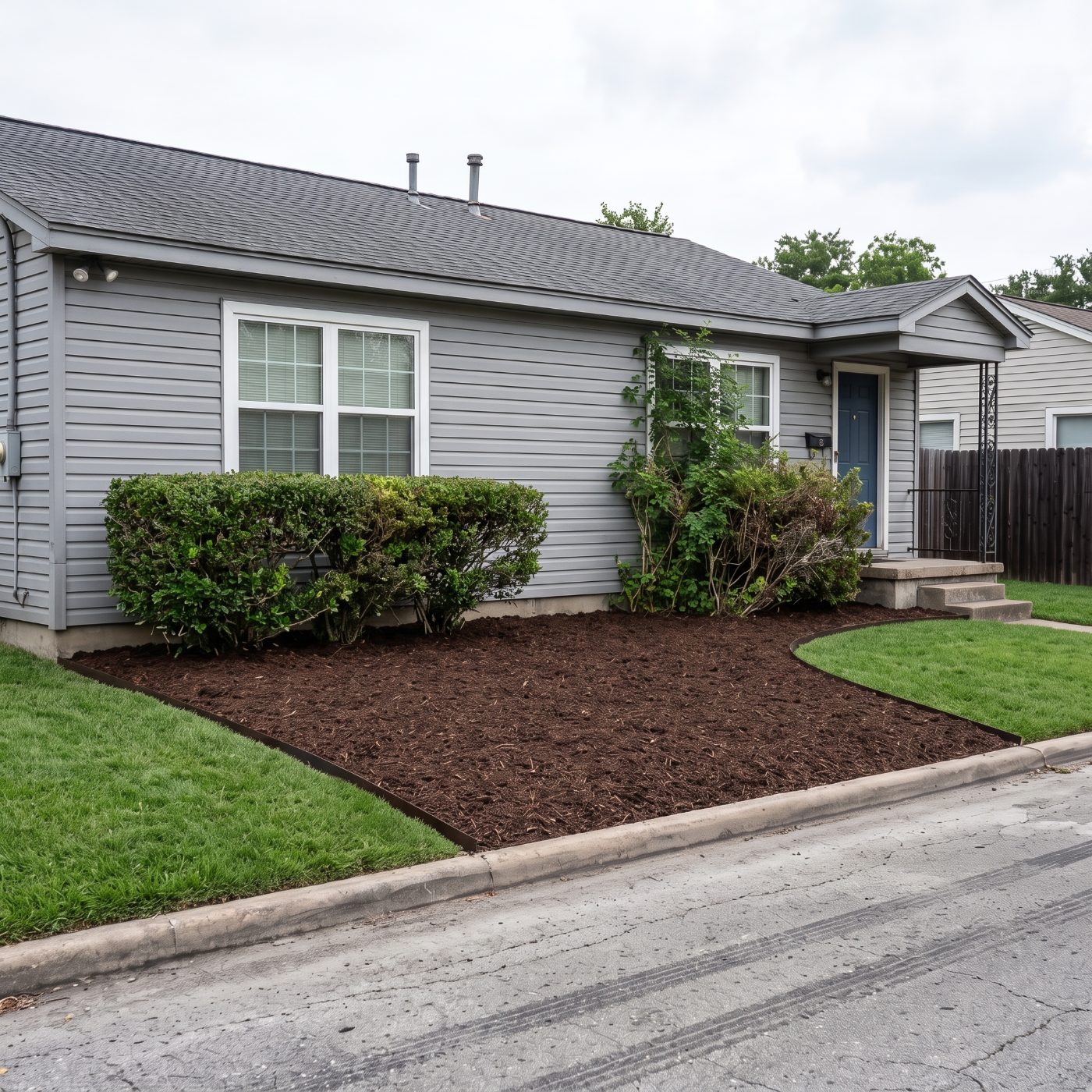 The same bed weeded, re-edged, and freshly mulched after