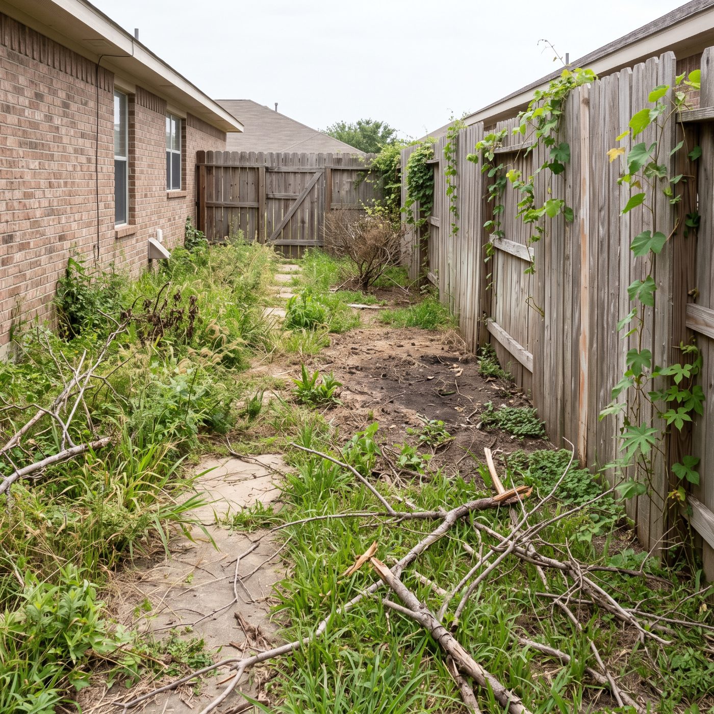 Side yard overgrown along the fence line before