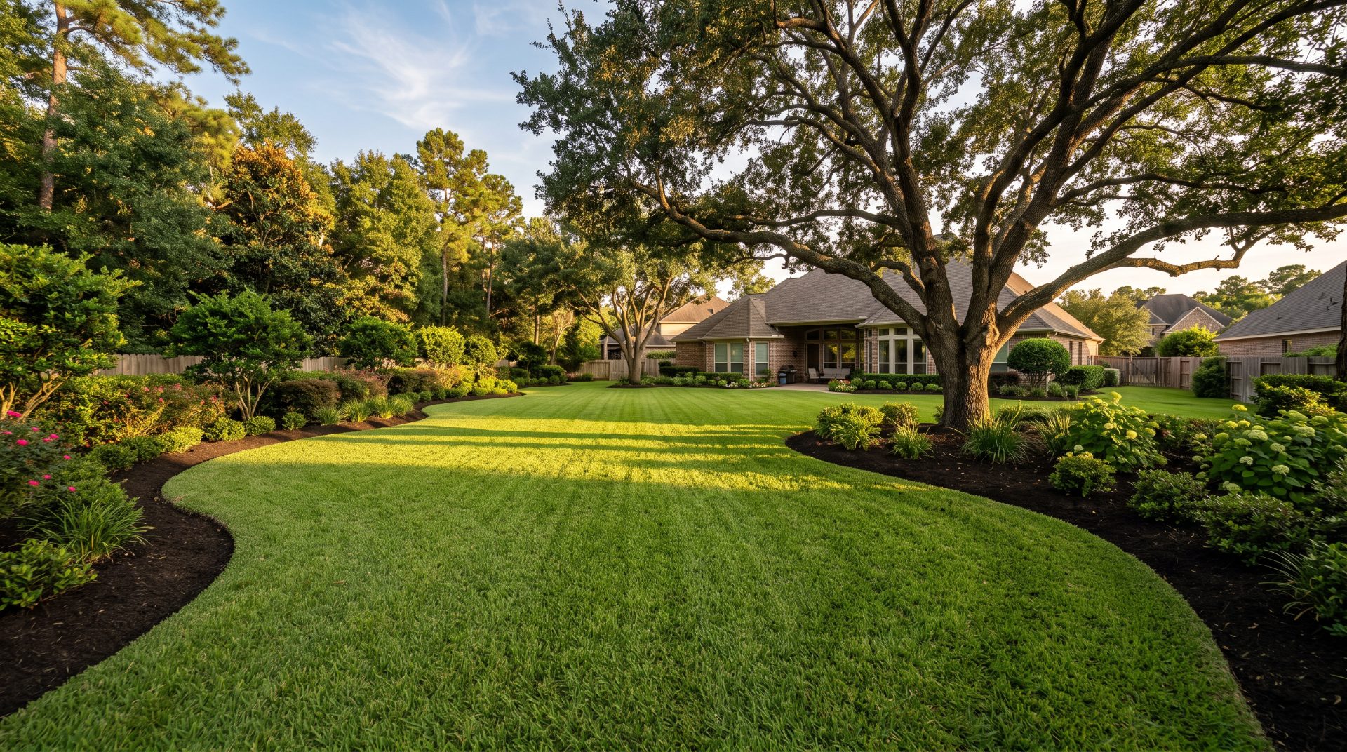 Large open property with a wide freshly cut lawn and mulched beds along the treeline